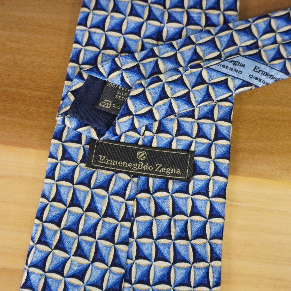 Ermenegildo Zegna Necktie Blue Geometric Silk Made in Italy 4x59 READ